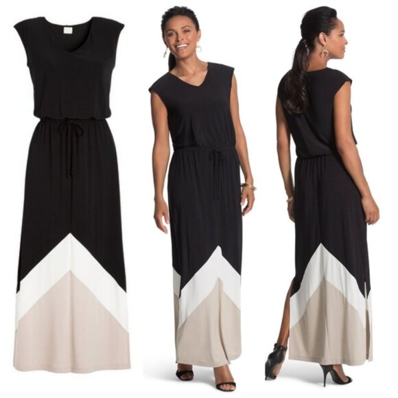 Chico's Dresses & Skirts - NWT Chico's $119 Knit Kit COLORBLOCK Maxi Dress Size S Women's Black Cap Sleeves